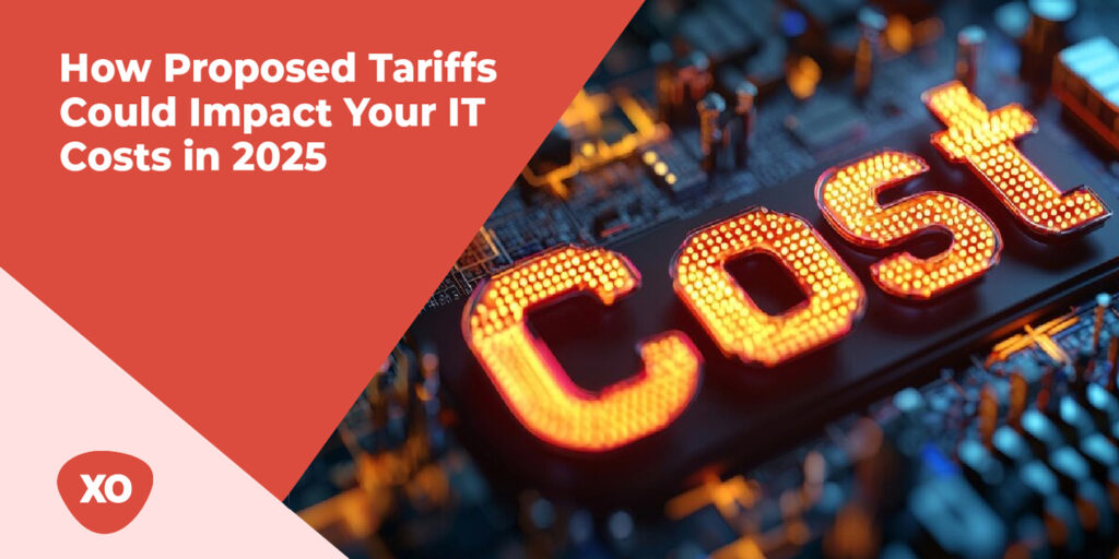 Featured image with the headline 'How Proposed Tariffs Could Impact Your IT Costs in 2025' over a graphic background of a glowing circuit board, highlighting the word 'Cost' in illuminated red LED-style text, with a red triangle design and the XO logo in the corner.